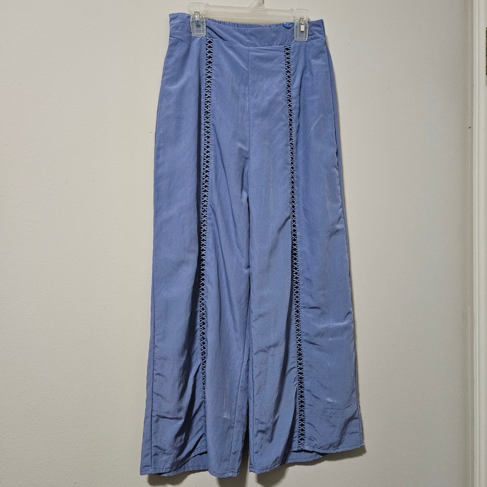 Blue Blush Wide Leg Pants Blue Lattice Crochet Ladder Cutout High Waist Small